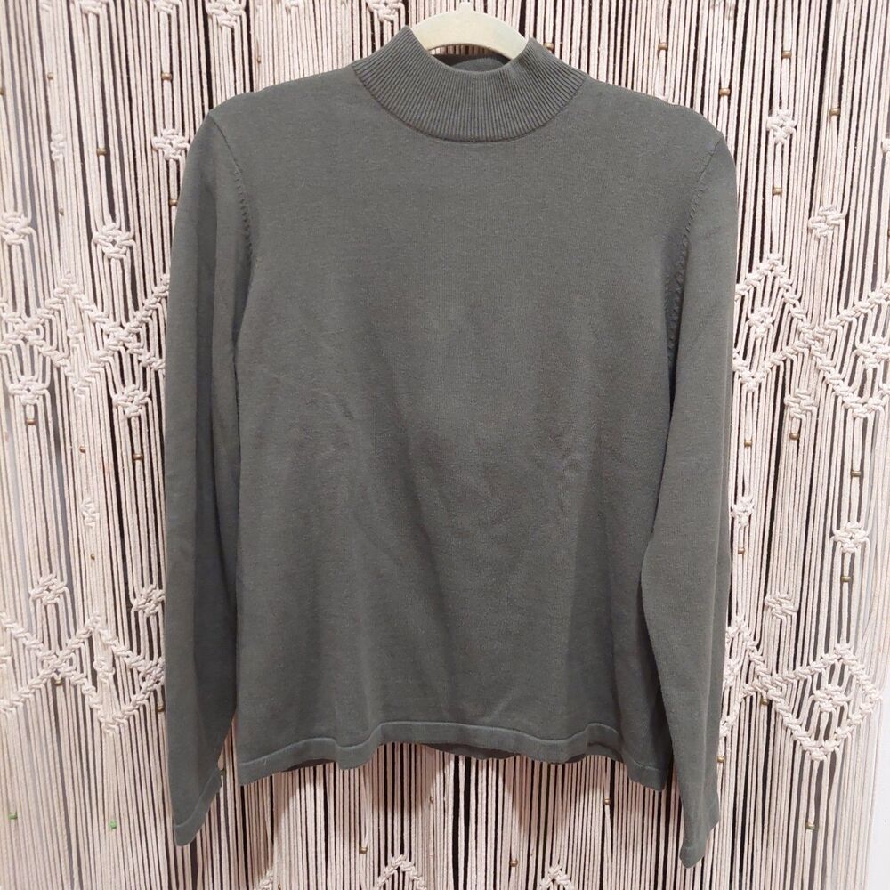 Orvis Cotton Cashmere Olive Green Knit Sweater Mock Neck Pullover